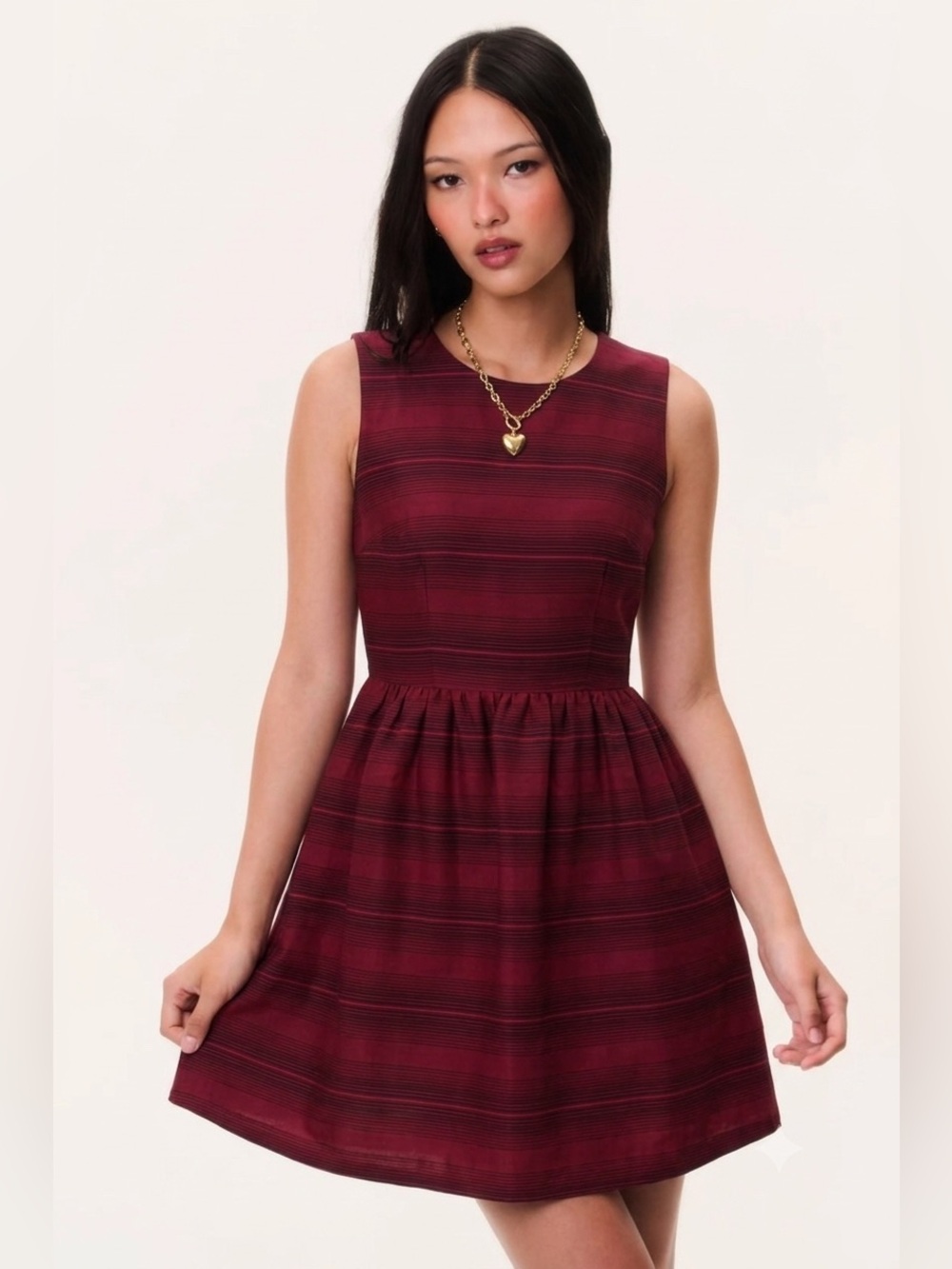 Fossil Eliza Red Burgundy Silk/Cotton Fit & Flare Striped Dress Size 10 Medium